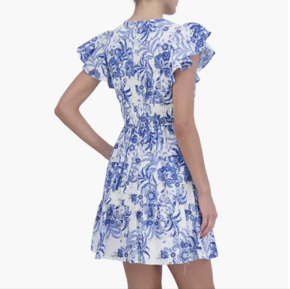 Eliza J Floral Flutter Sleeve Fit & Flare Cotton Dress Blue Size 16 Eyelet - Picture 2 of 9